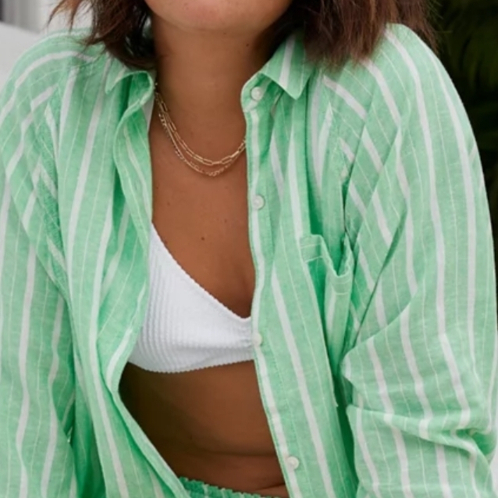 American Eagle Aerie Green White Stripe Linen Blend Button Shirt Women L